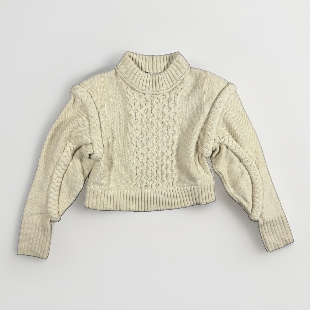 Zara Women M Cable Knit Sweater Ivory Shoulder Pads Braided Trim Wool Blend NWT